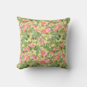Vintage Pink Rose Pillow in Butter Yellow