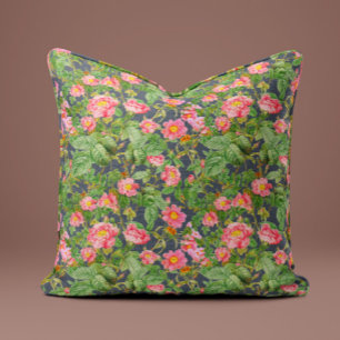 Vintage Pink Rose Pillow in Charcoal Grey