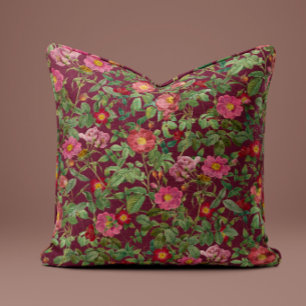 Vintage Pink Rose Pillow in Deep Burgundy