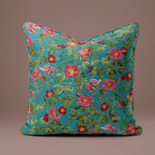 Vintage Pink Rose Pillow in Peacock Blue