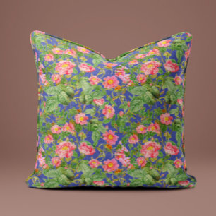 Vintage Pink Rose Pillow in Periwinkle Blue