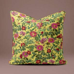 Vintage Pink Rose Pillow in Soft Lemon Yellow