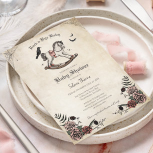 Vintage Pink Rose Rocking Horse Gothic Baby Shower Invitation