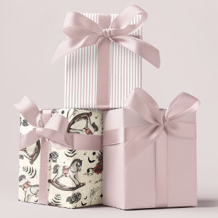 Vintage Pink Rose Rocking Horse Gothic Baby Shower Wrapping Paper Sheet