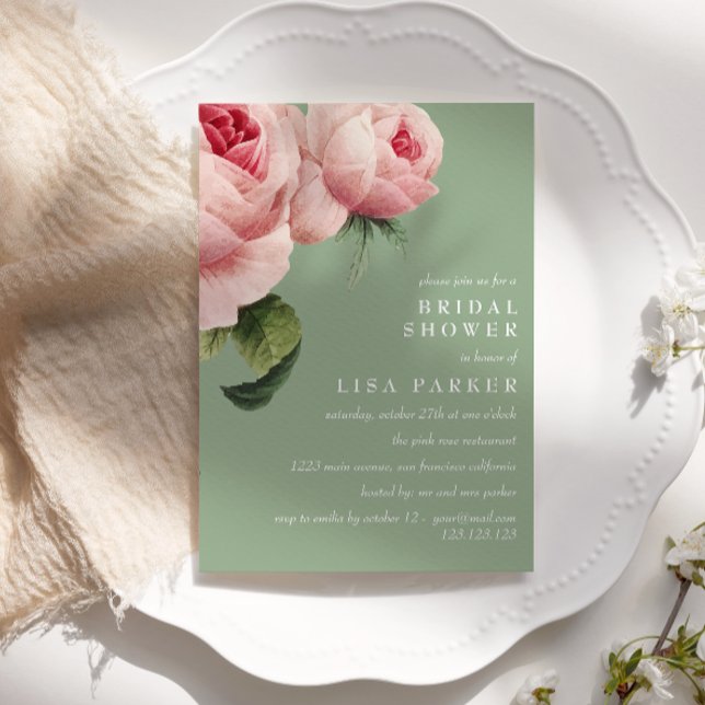 Vintage Pink Rose Sage  Bridal Shower Wedding Invitation (Creator Uploaded)
