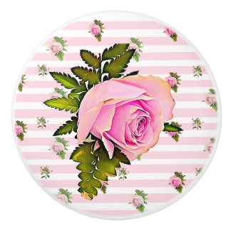 Vintage Pink Rose Striped Chic White Knob