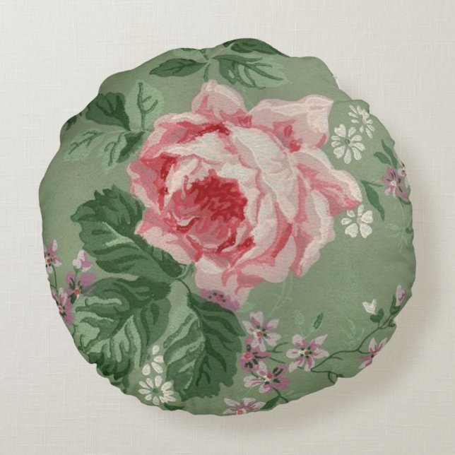 Vintage Pink Rose Wallpaper Round Cushion (Back)