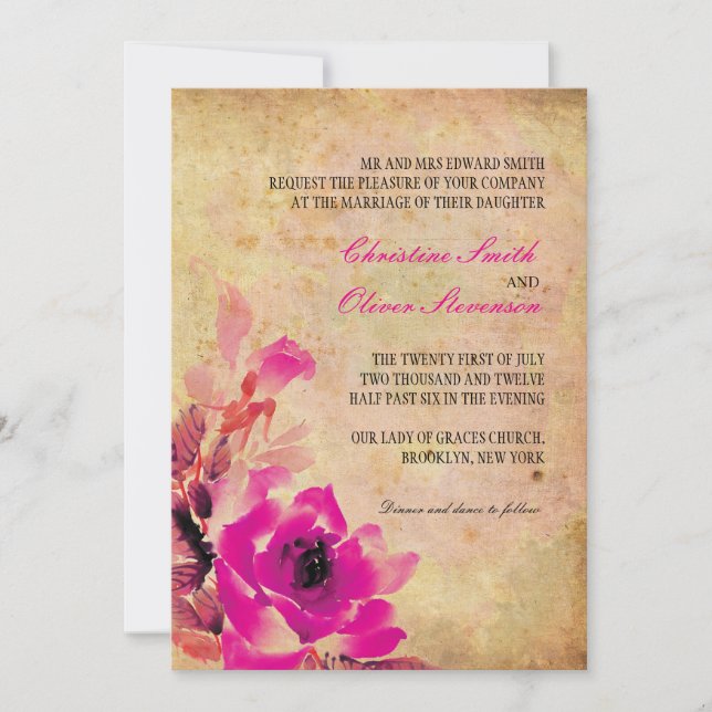 Vintage Pink Rose Wedding Invitation (Front)