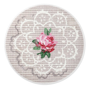 Vintage Pink Rose With Doily on Grey Elegant Ceramic Knob