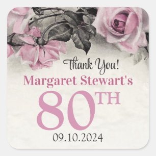 Vintage Pink Roses 80th Birthday Favour Square Sticker