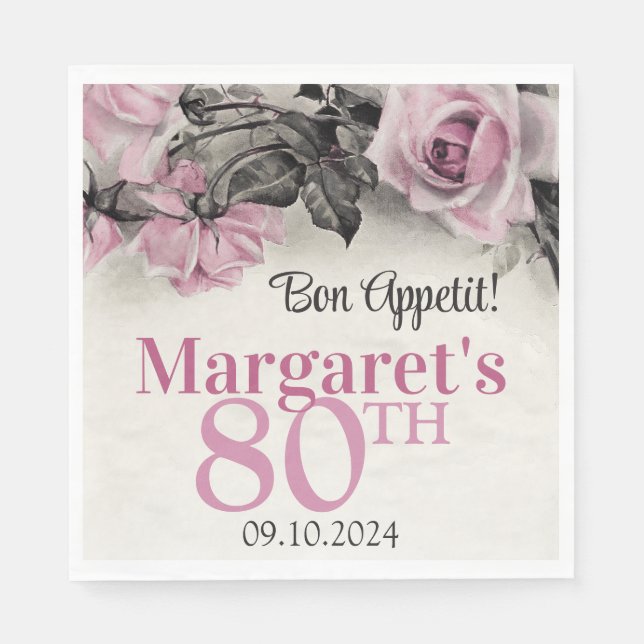 Vintage Pink Roses 80th Birthday Napkin (Front)