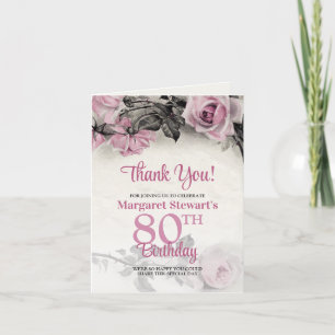 Vintage Pink Roses 80th Birthday Thank You Card
