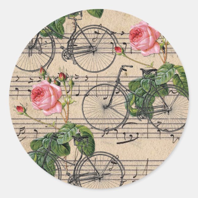 Vintage Pink Roses and Bicycles Classic Round Sticker (Front)