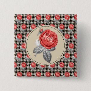 Vintage pink roses and houndstooth pattern 15 cm square badge