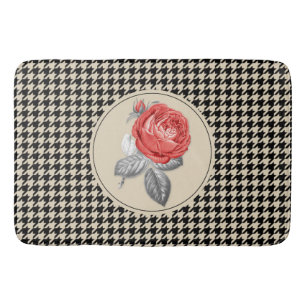 Vintage pink roses and houndstooth pattern bath mat