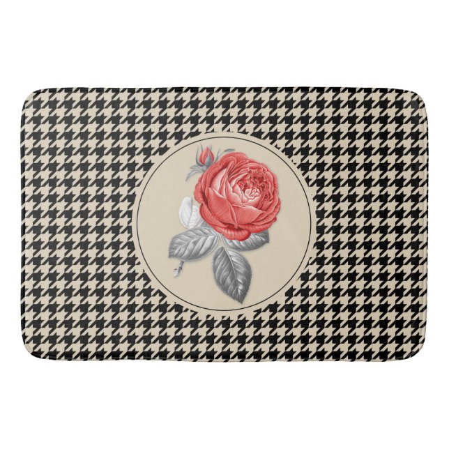 Vintage pink roses and houndstooth pattern bath mat (Front)