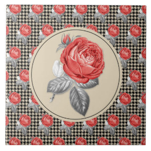 Vintage pink roses and houndstooth pattern ceramic tile