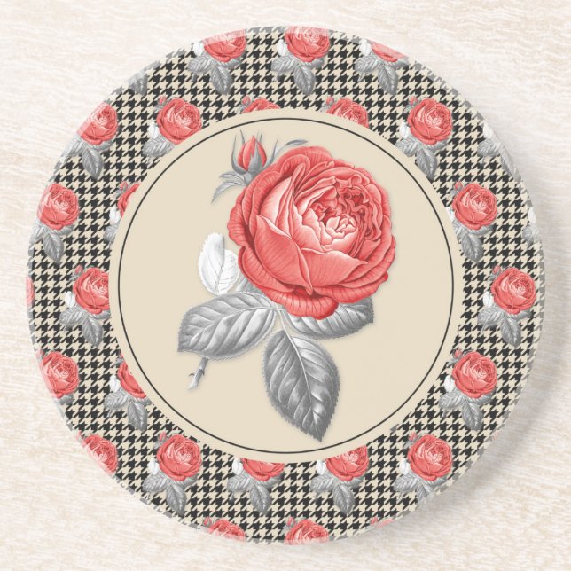 Vintage pink roses and houndstooth pattern coaster (Front)