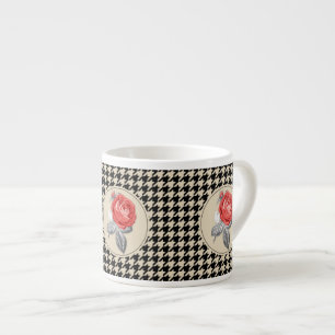 Vintage pink roses and houndstooth pattern espresso cup