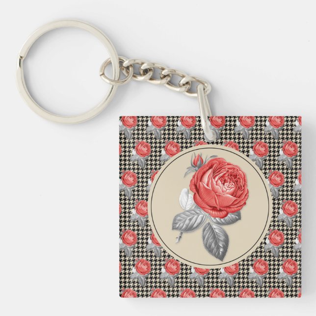 Vintage pink roses and houndstooth pattern key ring (Front)