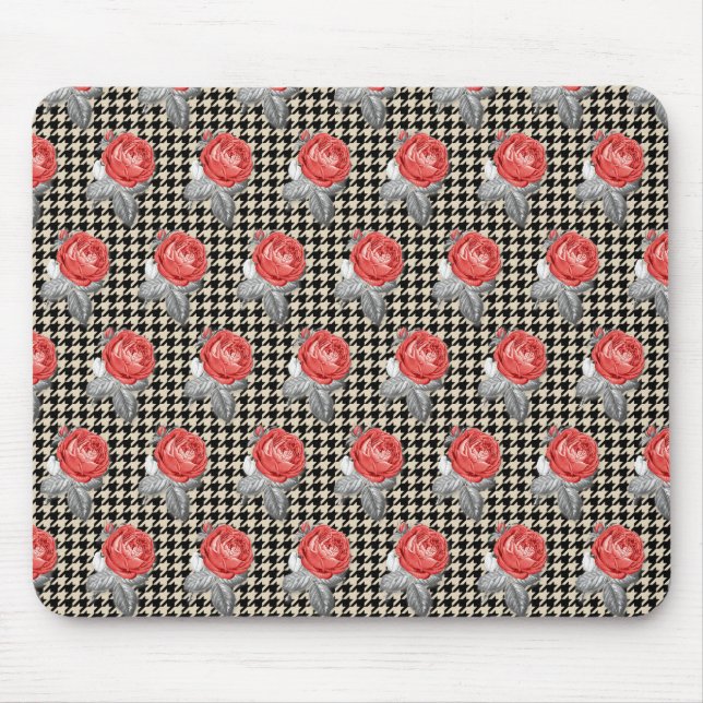 Vintage pink roses and houndstooth pattern mouse pad (Front)