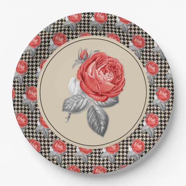 Vintage pink roses and houndstooth pattern paper plate (Front)