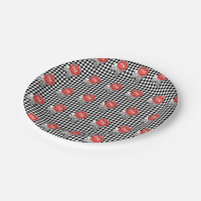 Vintage pink roses and houndstooth pattern paper plate (Angled)