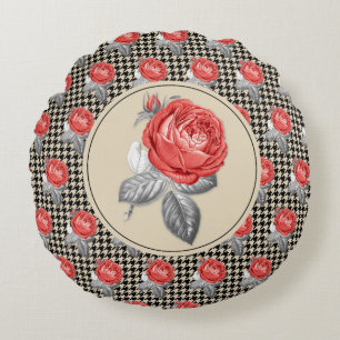 Vintage pink roses and houndstooth pattern round cushion