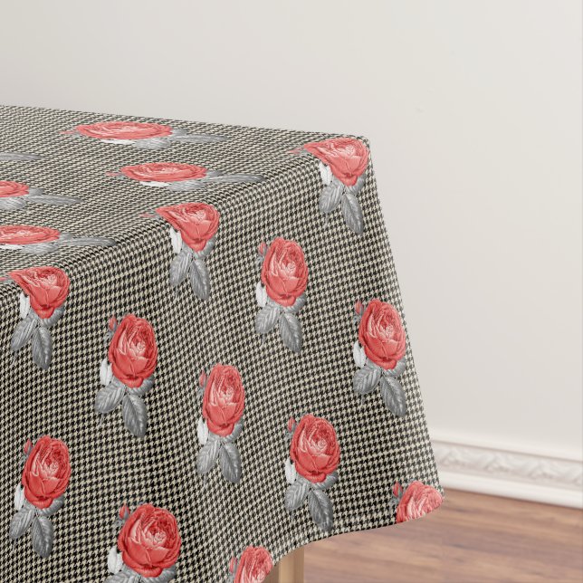 Vintage pink roses and houndstooth pattern tablecloth (In Situ)