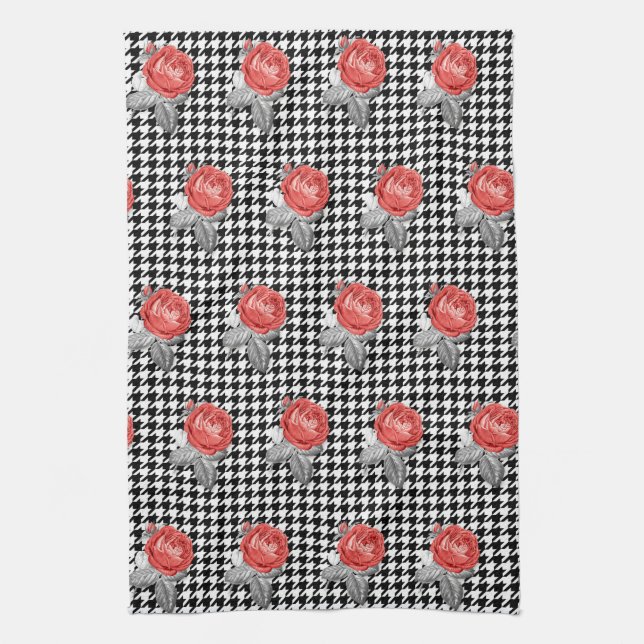 Vintage pink roses and houndstooth pattern tea towel (Vertical)