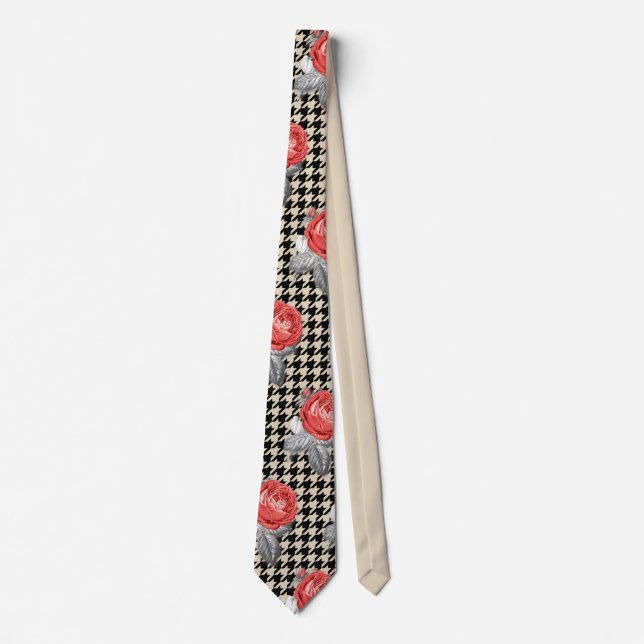 Vintage pink roses and houndstooth pattern tie (Front)
