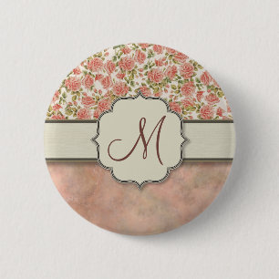 Vintage Pink Roses and Marble with Monogram 6 Cm Round Badge
