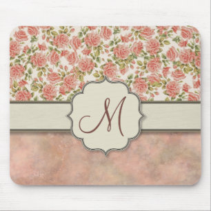 Vintage Pink Roses and Marble with Monogram Mouse Pad
