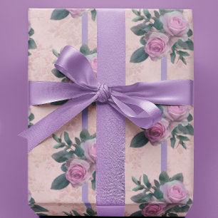 Vintage Pink Roses Antique Damask Ribbon Wrapping Paper