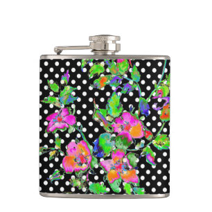 Vintage :Pink Roses b/w polka-dots Hip Flask