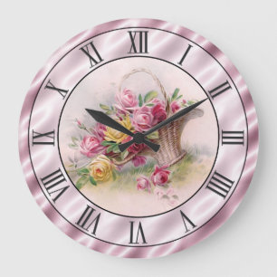Vintage Pink Roses Basket Mauve Satin Look Border Large Clock