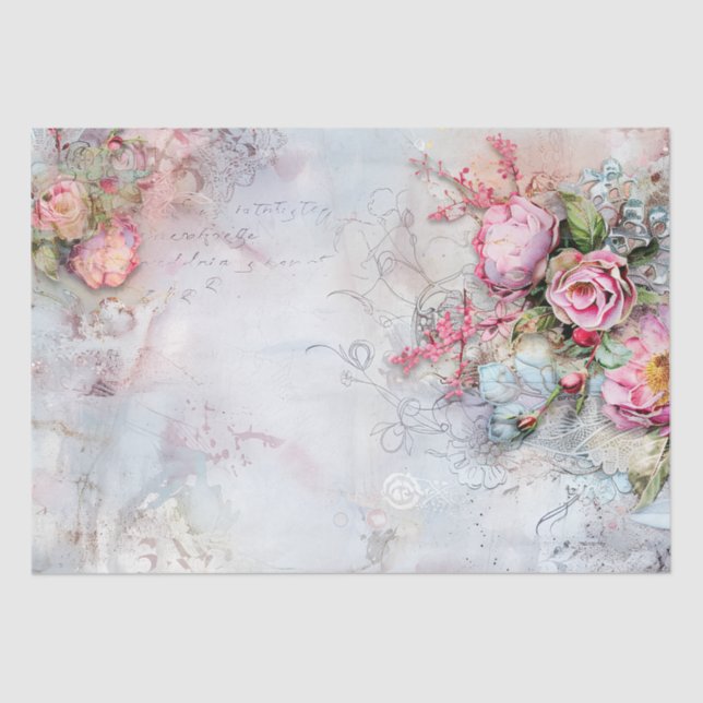 Vintage Pink Roses Botanical Ephemera Decoupage Tissue Paper (Front)