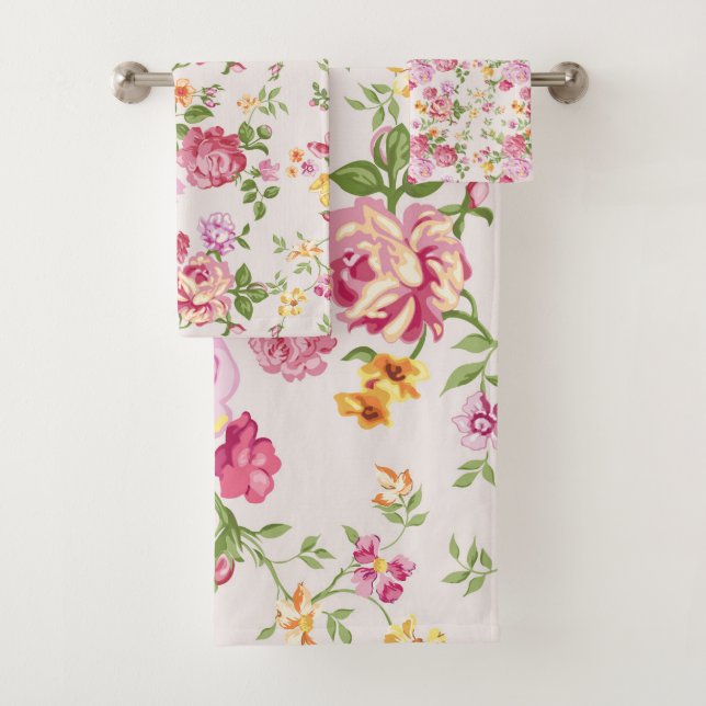 Vintage Pink Roses Bouquet Floral Pattern  Bath Towel Set (Insitu)