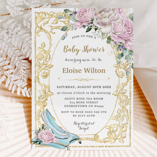 Vintage Pink Roses Cinderella Princess Baby Shower Invitation (vintage gold pink roses floral cinderella shoe princess baby shower invitation cards print download )