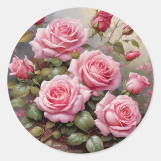 Vintage Pink Roses Classic Round Sticker