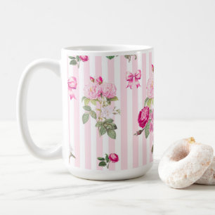 Vintage Pink Roses Coquette Bow  Stripes    Coffee Mug