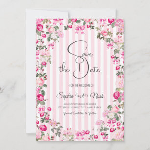 Vintage Pink Roses Coquette Bow Stripes Invitation