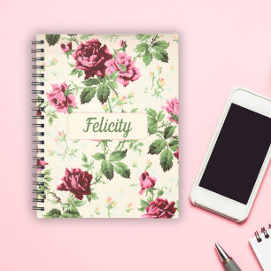 Vintage pink roses custom name notebook