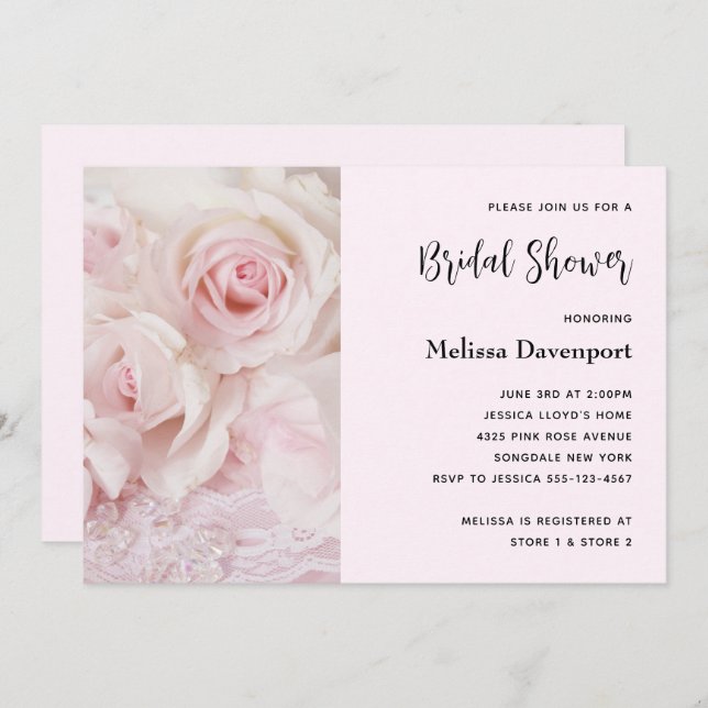 Vintage Pink Roses & Elegant Lace - Bridal Shower Invitation (Front/Back)