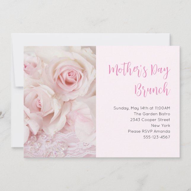 Vintage Pink Roses Elegant Mother's Day Brunch Invitation (Front)