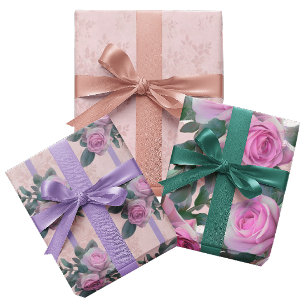 Vintage Pink Roses Faded Antique Damask Wrapping Paper Sheet