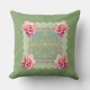 Vintage Pink Roses Faded Damask Design Cushion
