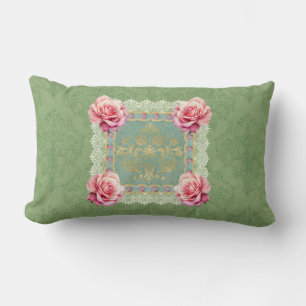 Vintage Pink Roses Faded Damask Design Lumbar Cushion