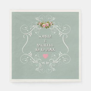 Vintage Pink Roses Floral and Sage Green Wedding Napkin