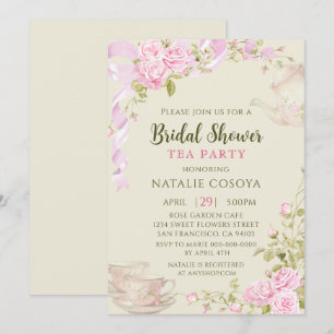 Vintage Pink Roses Floral Bridal Shower Tea Party Invitation